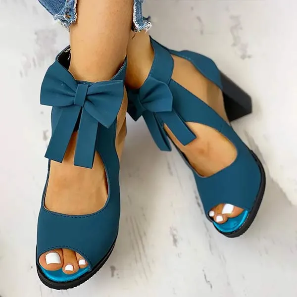Women's Round Toe Fish Mouth Mesh Bow Thick Heel Shoes 40233893C