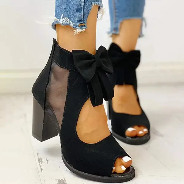 Women's Round Toe Fish Mouth Mesh Bow Thick Heel Shoes 40233893C
