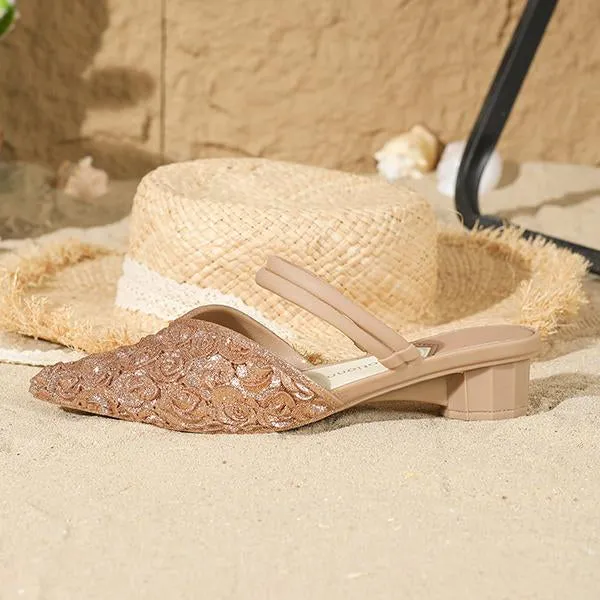 Women's Sparkling Block Heel Rose Pattern Sandals 93831077S
