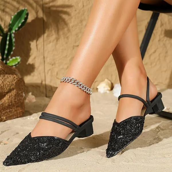 Women's Sparkling Block Heel Rose Pattern Sandals 93831077S