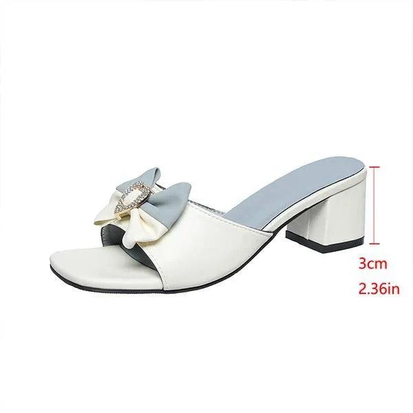 Women's Square-Toe Rhinestone Bow Block Heel Mules 03829130C