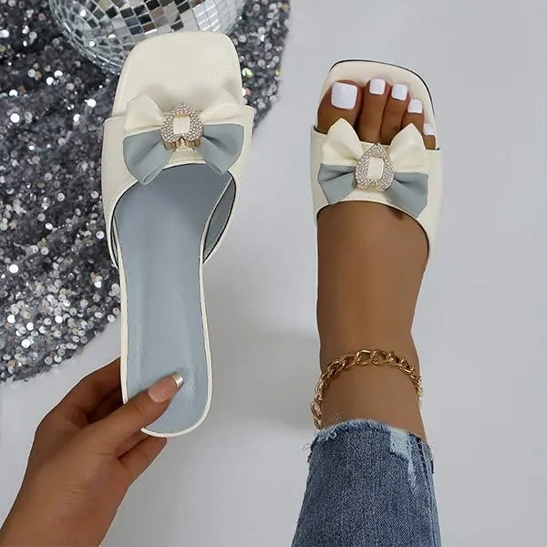 Women's Square-Toe Rhinestone Bow Block Heel Mules 03829130C