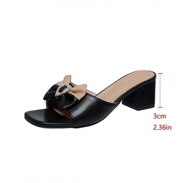 Women's Square-Toe Rhinestone Bow Block Heel Mules 03829130C