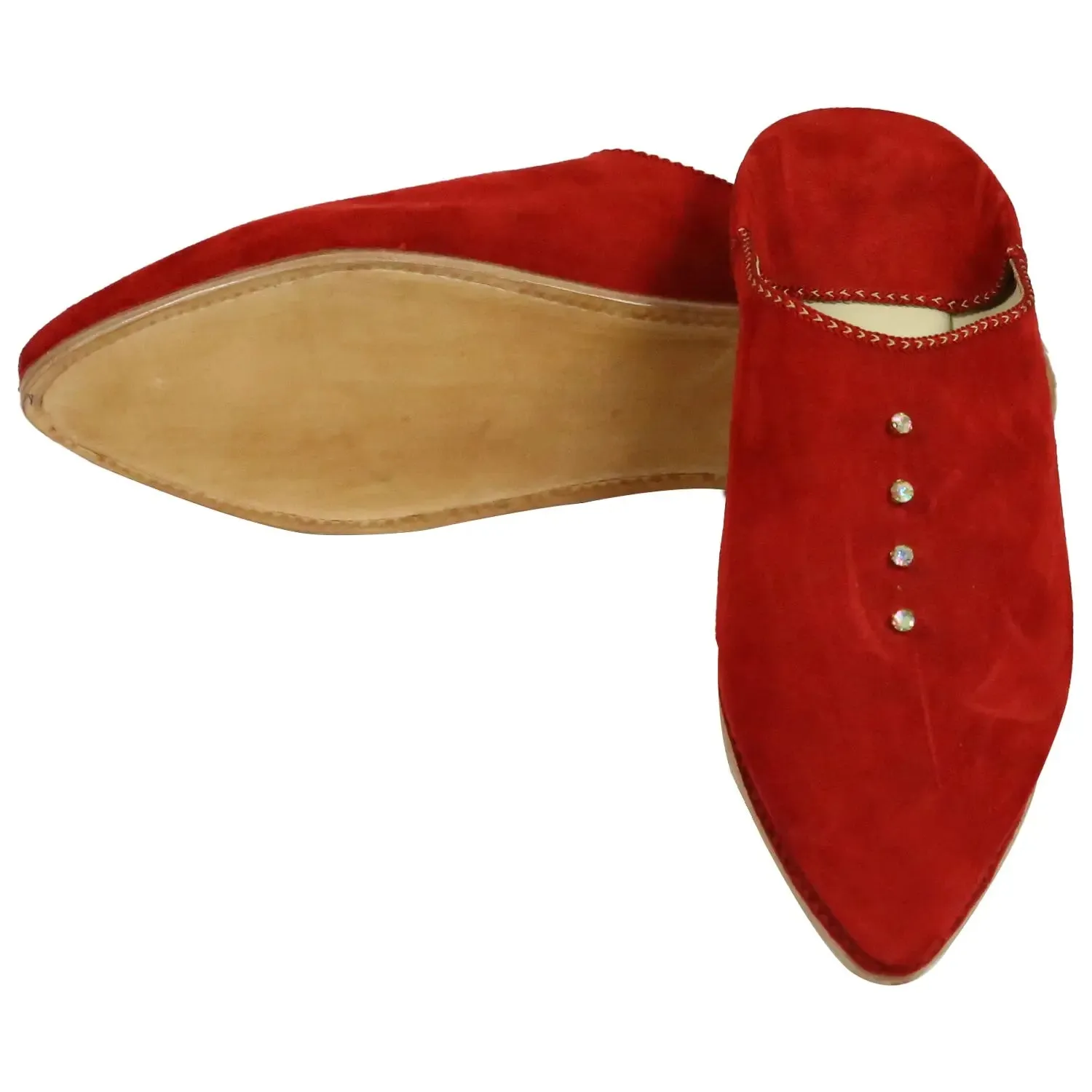 Women's Suede Pearls Red Moroccan Babouches Leather Slippers-Red