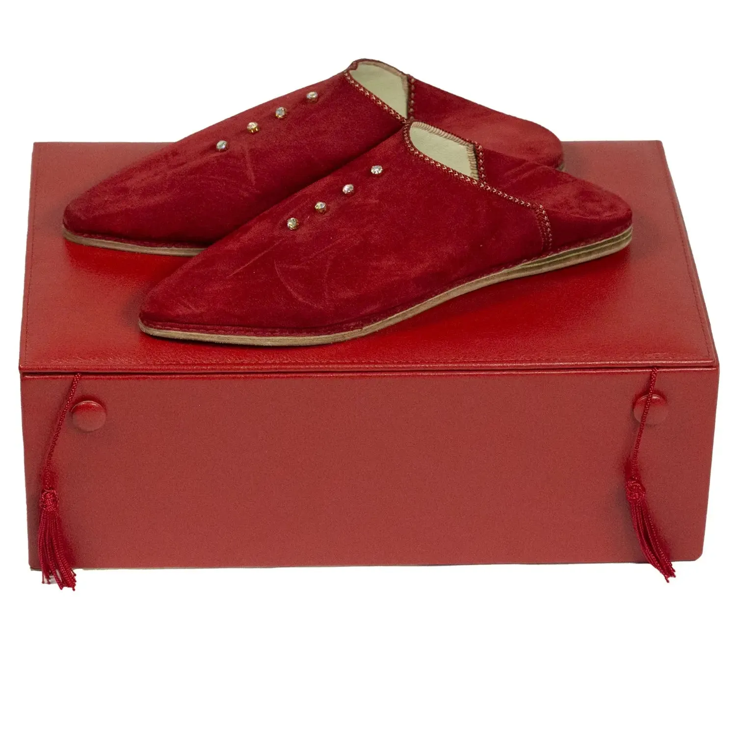 Women's Suede Pearls Red Moroccan Babouches Leather Slippers-Red