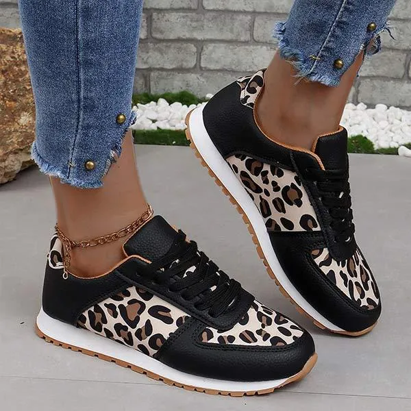 Women's Thick Sole Low-Top Lace-Up Sneakers with Leopard Print Accents 00187161C