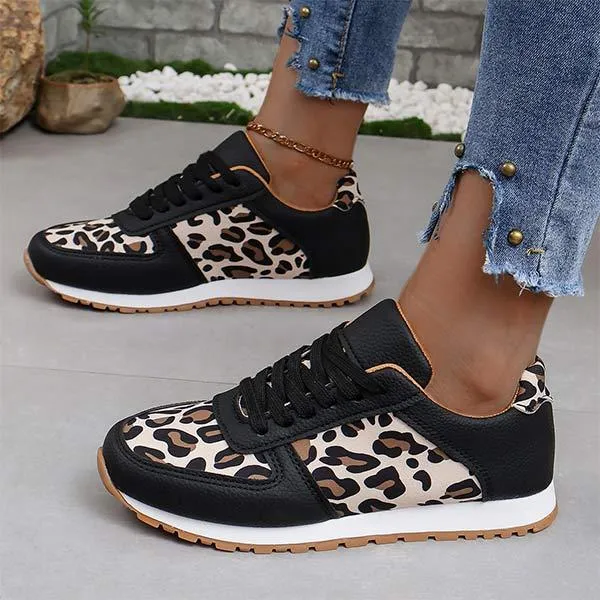 Women's Thick Sole Low-Top Lace-Up Sneakers with Leopard Print Accents 00187161C