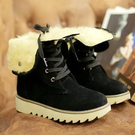 Women's warm plush lining short snow boots front lace antiskid snow boots