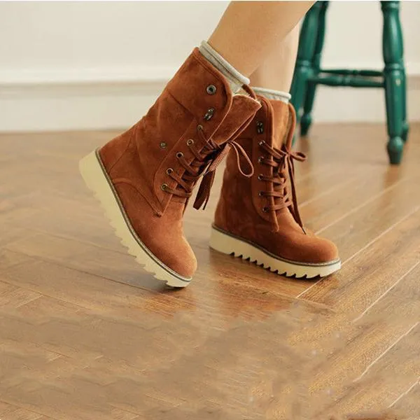 Women's warm plush lining short snow boots front lace antiskid snow boots