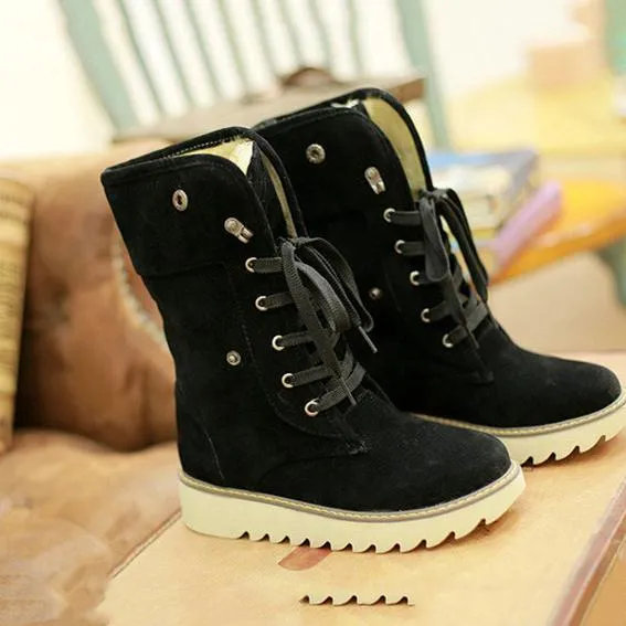 Women's warm plush lining short snow boots front lace antiskid snow boots