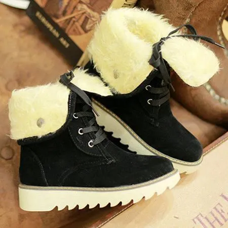 Women's warm plush lining short snow boots front lace antiskid snow boots