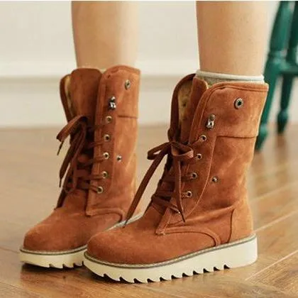 Women's warm plush lining short snow boots front lace antiskid snow boots