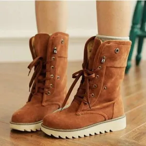 Women's warm plush lining short snow boots front lace antiskid snow boots