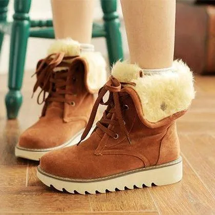 Women's warm plush lining short snow boots front lace antiskid snow boots