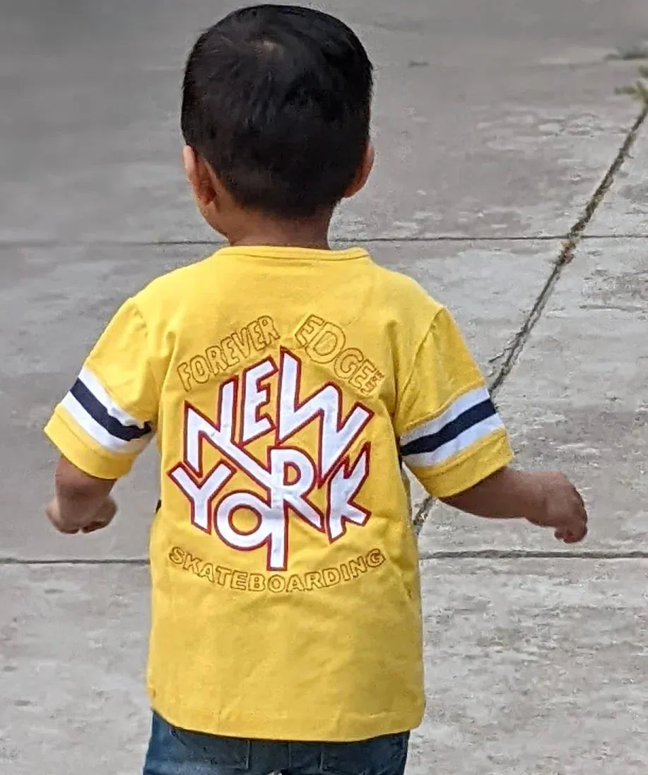 Yellow Patterned Round Neck Cotton T-shirt