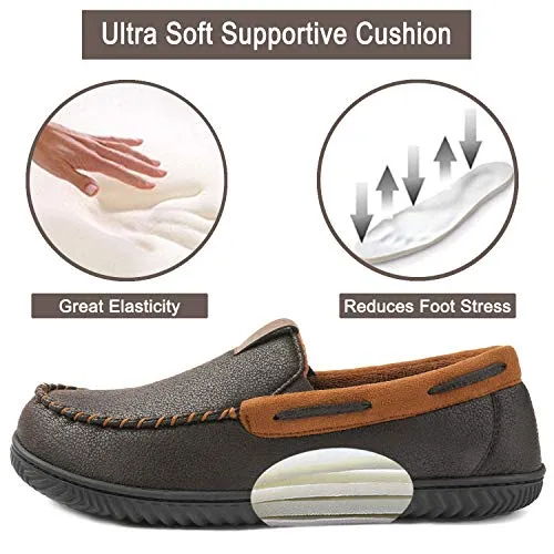 ZIZOR Men's Microsuede Moccasin Slippers, Cozy Memory Foam House Shoes with Anti Skid Rubber Sole,Coffee, US Size 9