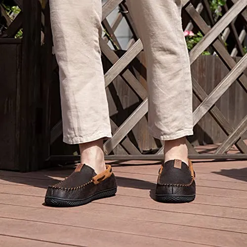 ZIZOR Men's Microsuede Moccasin Slippers, Cozy Memory Foam House Shoes with Anti Skid Rubber Sole,Coffee, US Size 9