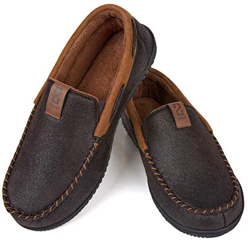 ZIZOR Men's Microsuede Moccasin Slippers, Cozy Memory Foam House Shoes with Anti Skid Rubber Sole,Coffee, US Size 9